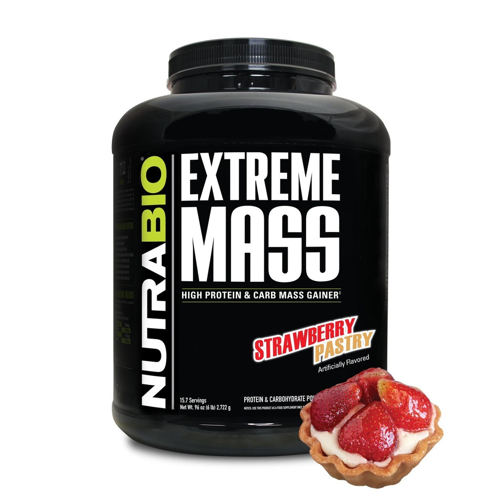 NutraBio Extreme Mass Gainer Protein Powder, 53G Protein, Clean Weight Gainer, Aumentare la massa muscolare, Aminoacido a spettro completo - Pasticceria di fragole, 6 Pound