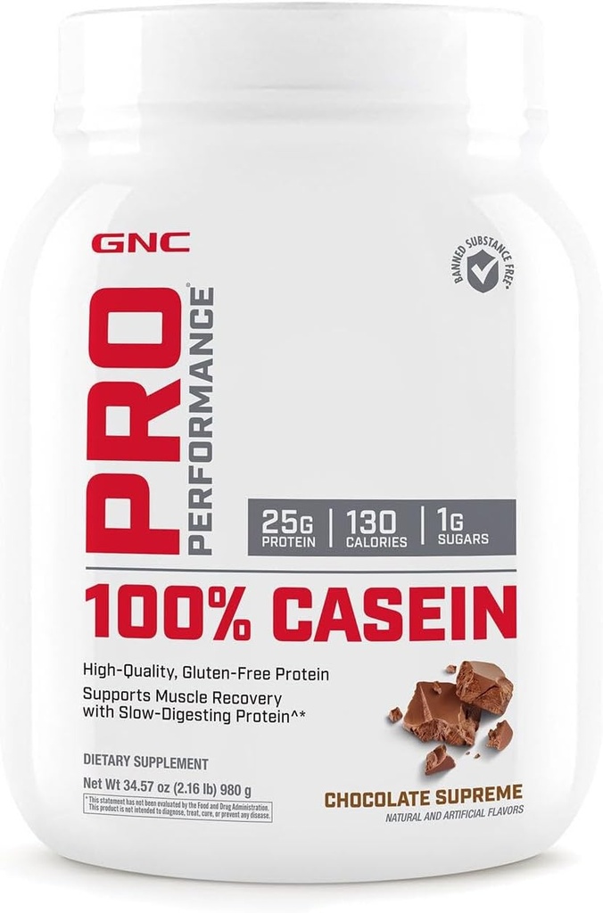 GNC Pro Performance 100% caséine poudre de protéines, 25g de protéines, soutient la force musculaire soutenue, récupération, digestion lente, sans gluten, 3ème partie testée, Chocolat Suprême, 28 portions