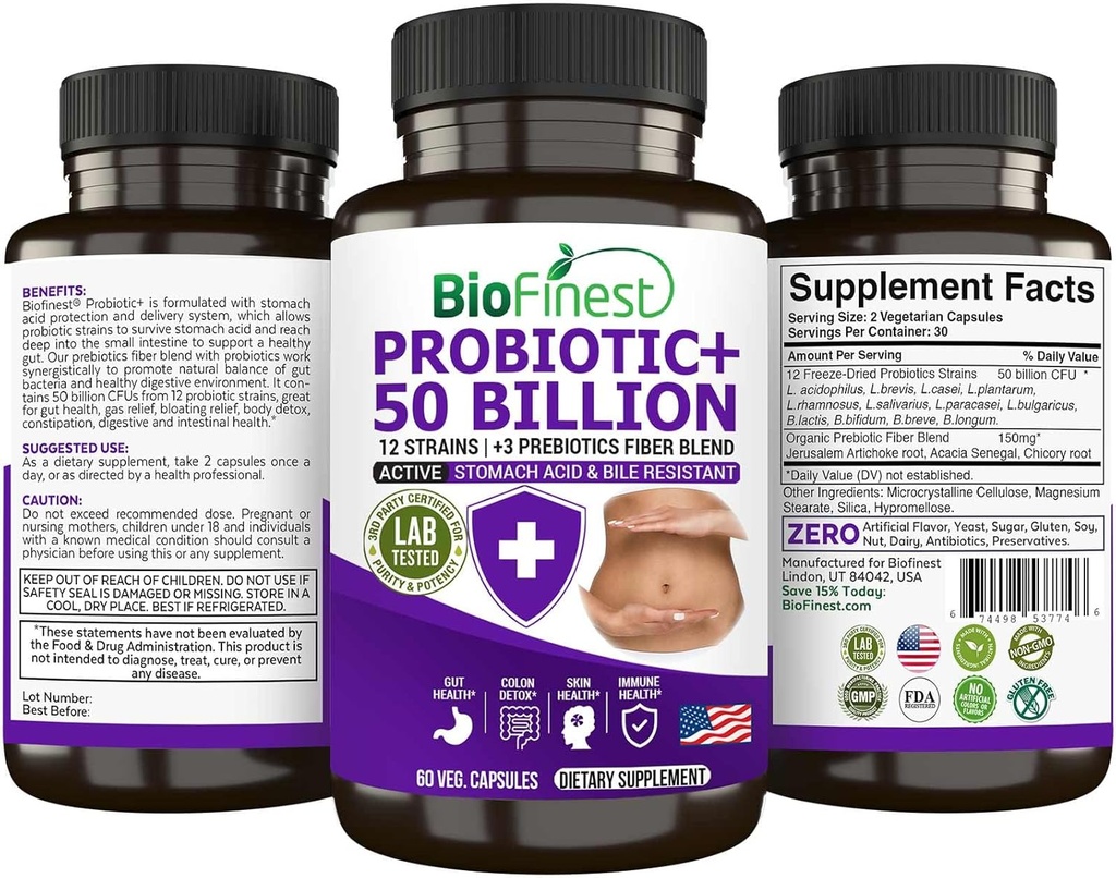 BioFinest Probiotic 50 Billion CFU Enzyme Supplement - 12 Probiotics Strains mit 3 natürlichen Präbiotika - Gut Digestion Detox Gas Bloating Constipation - Acidophilus für Herren Frauen (60 Veg. caps)