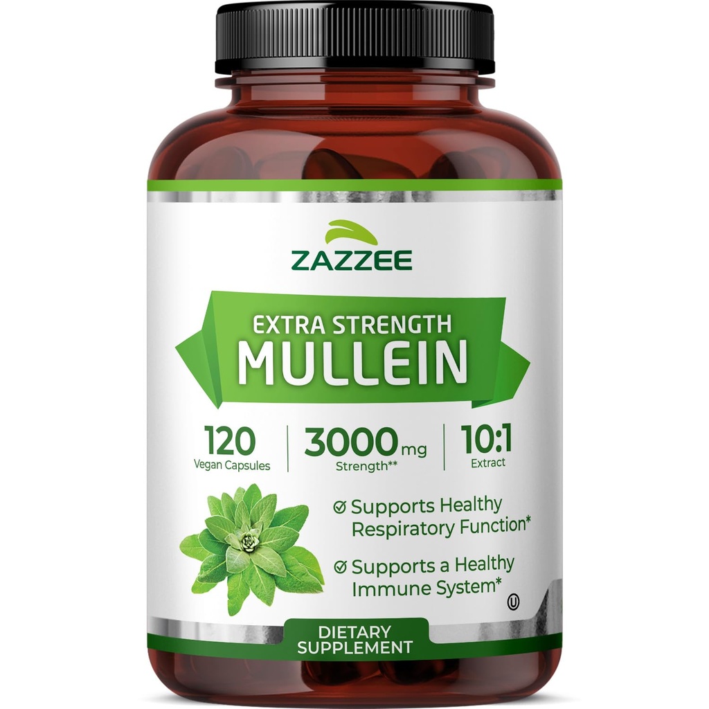 Zazzee Extra Strength Mullein 10:1 Extrait, 3000 mg Strength, 120 Capsules Vegan, 4 mois d'approvisionnement, Extrait 10X normalisé, 100% poudre de feuille pure, tout naturel et non OGM, fabriqués aux États-Unis