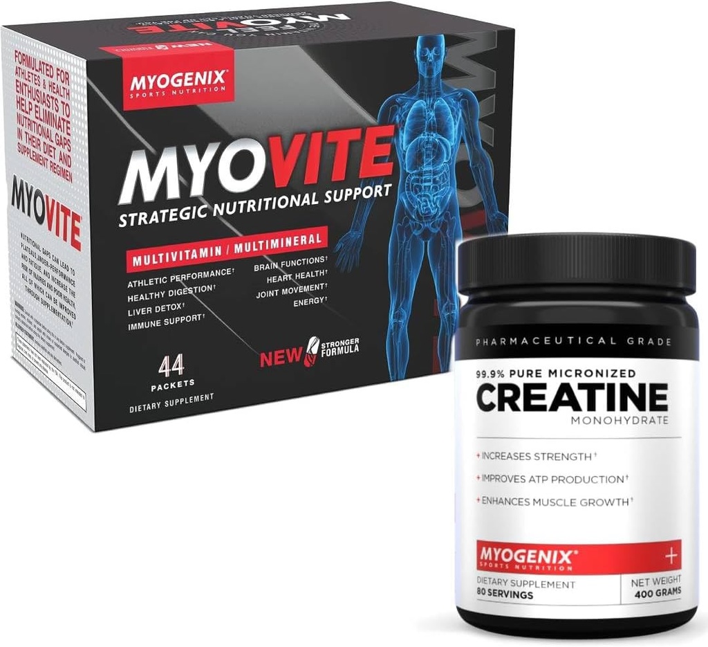 Myogenix Myovite Multivitamin & Creatine Monohydrate Bundle – Alimentazione giornaliera completa & Pure Strength Support – Energia combustibile, crescita del muscolo, Endurance & Recovery