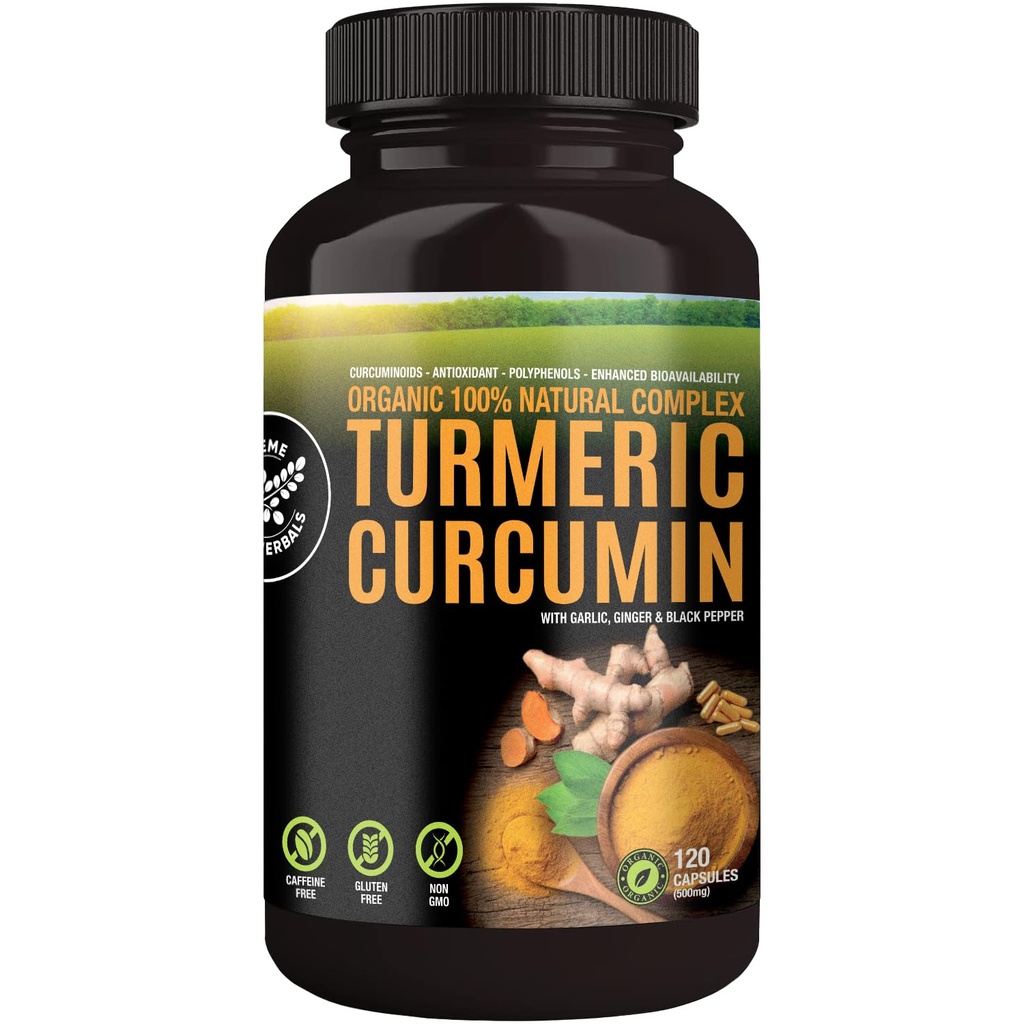 100% crudo e organico capsule curcuma curcuma. Certificato biologico, senza glutine, non OGM e senza caffeina. Migliorato con aglio, zenzero e pepe nero, 500mg, 120 capsule vegane