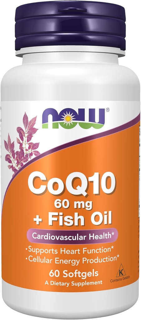 NOW Nahrungsergänzungsmittel, CoQ10 60 mg mit Omega 3 Fischöl, Herz-Kreislauf-Gesundheit*, 60 Softgels