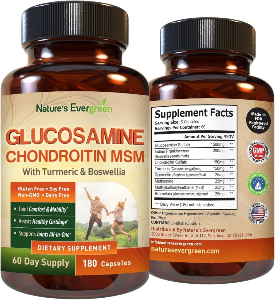 Glucosamin Chondroitin MSM mit Turmeric & Boswellia Supplement | Joint Support Supplement Glucosamine Sulfate 1500mg | Joint Health Chondroitin Sulfate MSM für Damen und Herren - 180 Kapseln