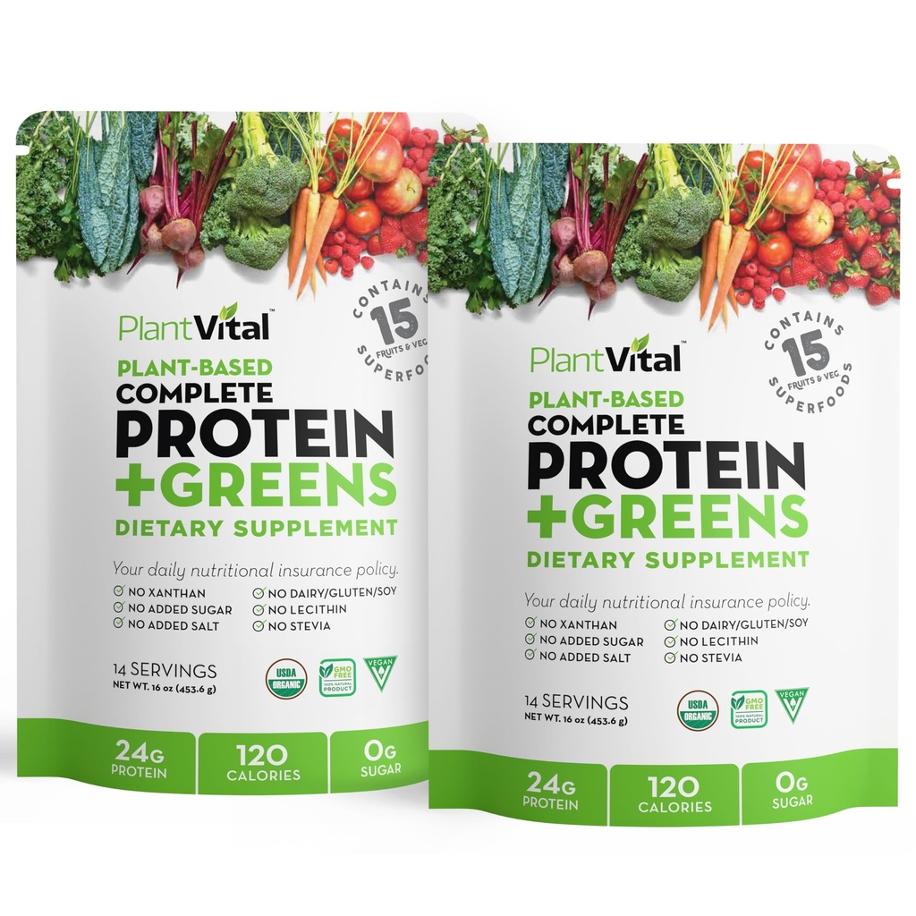Plantvital Unflavored Organic Vegan Protein Powder - 15 Superfoods, Veggies und Probiotics - Bio Pflanzenbasiertes Proteinpulver - Alle BCAA, Glutenfrei - 16oz (Pack von 2)