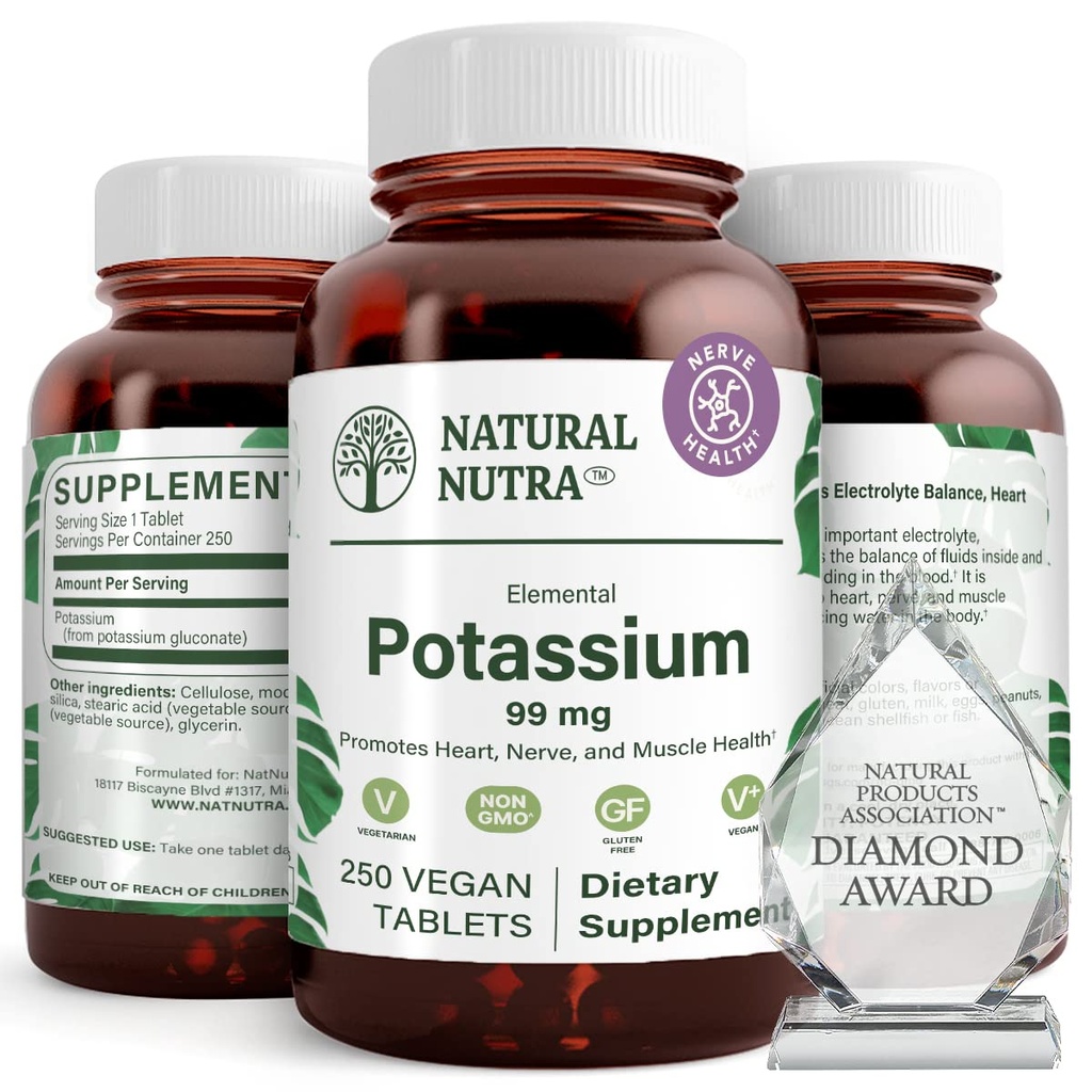 Natural Nutra Elemental Potassium Gluconate 99 mg Integratore alimentare – promuove l'energia, aiuta a migliorare il sistema nervoso, promuove la salute del cuore, il regolamento minerale, la funzione muscolare - 250 compresse vegane