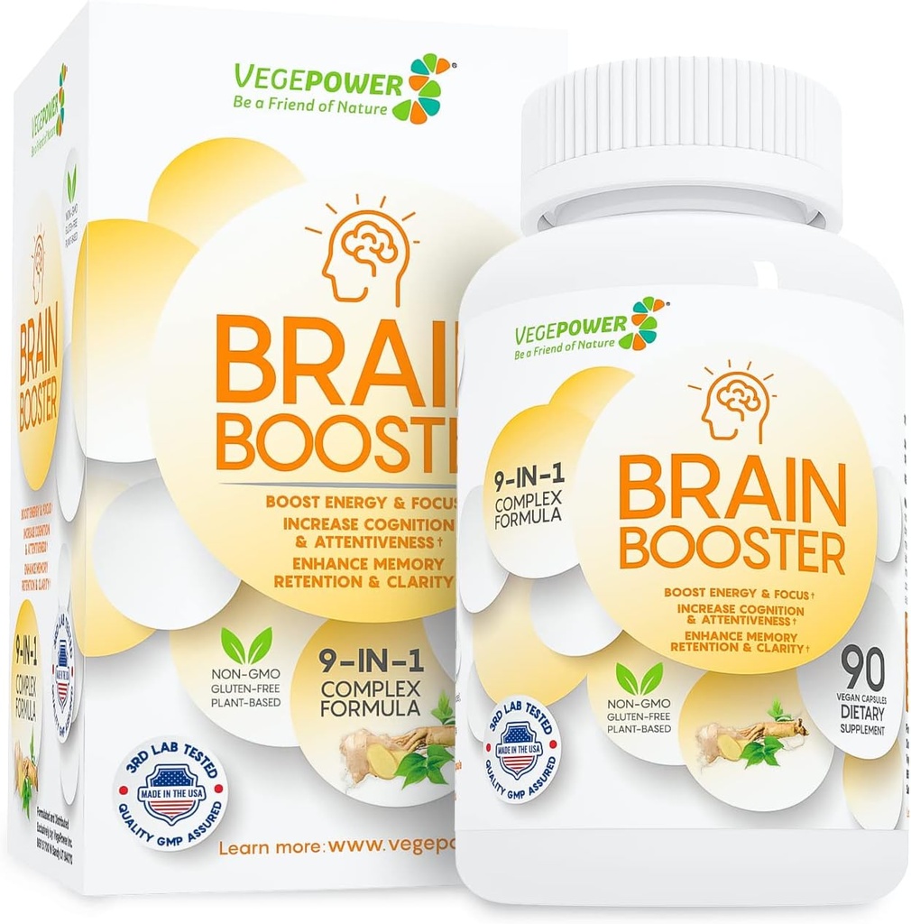 Brain Booster Natural Nootropics Supplement - Verbessern Sie Fokus, Gedächtnis, Klarheit, Energie und reduzieren Vergessen Anti-Aging für Frauen, Guarana, Ginseng, Rhodiola Extrakt Vegan 90 Kapseln