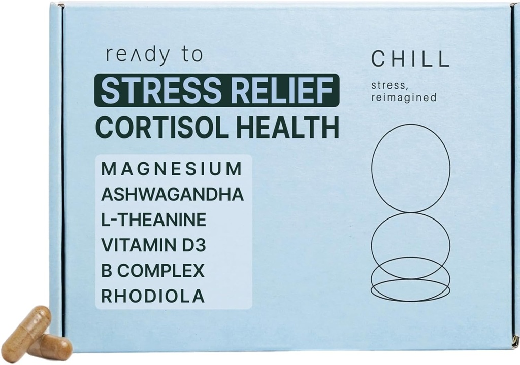 CHILL Stress Relief Supplement – Cortisol Gesundheit für Frauen und Männer - Balanced Mood, Relaxation & Schlaf – Magnesium, Ashwagandha, L-Theanin, B Complex – 60 Kapseln 11/30/25 Auspuffung