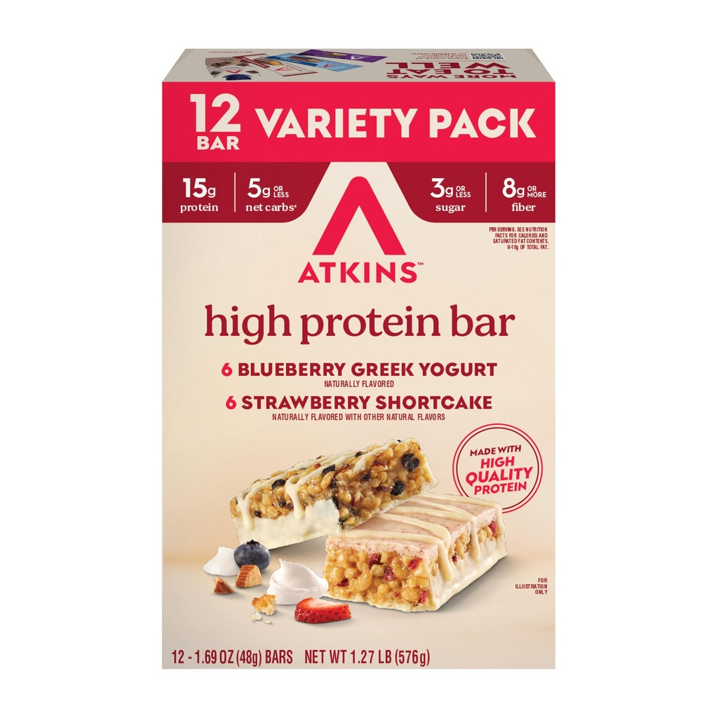 Atkins Blueberry Greco Yogurt & Strawberry Shortcake High Protein Bar, High Fiber, Keto Friendly, 12 Conte (6 bar ogni aroma)