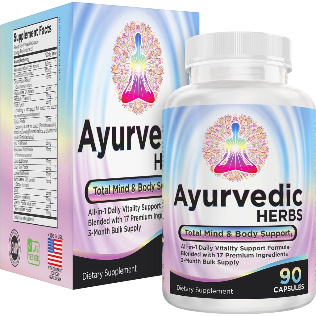 AYURVEDIC Herbs 3-Month Alimentazione (All-in-1) Integrazione Blend | Ayurveda Mind Body Spirit Herbal Complex con 17 ingredienti attivi | Integratori Ayurvedici | 90 capsule