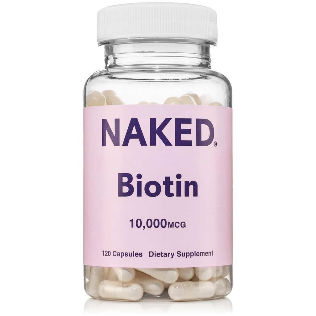 NAKED Biotin 10 000mcg - Supplément de vitamine B7 Max Strength pour le maintien des cheveux, de la peau et des ongles - sans OGM, sans gluten, végétalien - soutient la production de kératine - 120 capsules