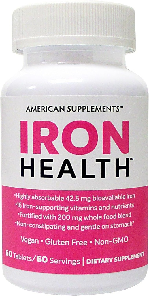 Iron Health 42,5 Mg Fer non constipant avec 16 vitamines et nutriments à base de fer, y compris les comprimés de vitamine C 60