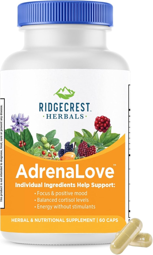 Ridgecrest Kräuter AdrenaLove, Stress und Energie Unterstützung Ergänzung mit Ashwagandha, L-Theanine, Ginseng, Schisandra, Taurine, Heilige Basilikum, Adaptogene, B Vitamine (60 Vegan Caps, 30 Serv)