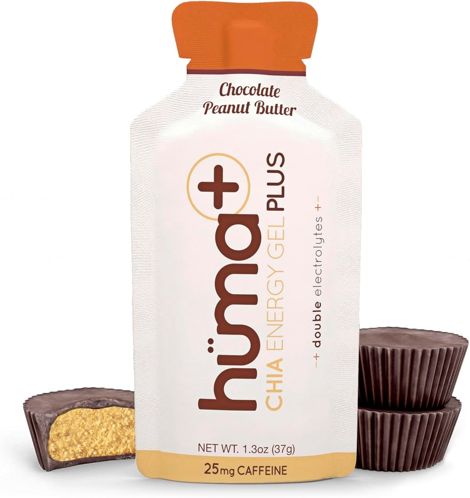 Huma Plus (Double Electrolytes) - Gel Chia Energy, Burro di arachidi al cioccolato, 12 Gel - Amichevole di stomaco, Gel di energia alimentare reale