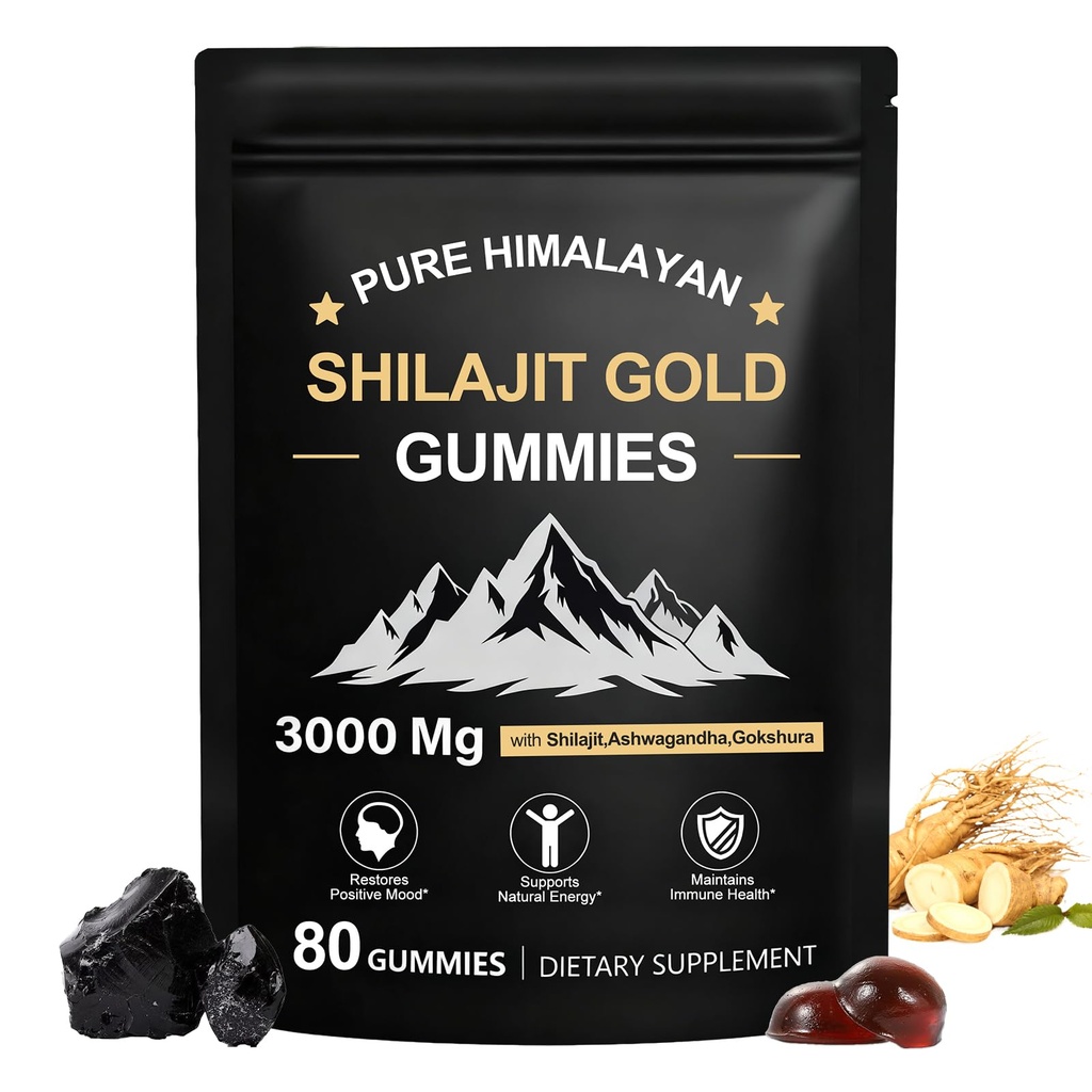 Shilajit Gummies, Pure Himalayan Shilajit Gummies Gold, keine hinzugefügt Zucker Non-GMO 100% natürlich & Organic, Ashwagandha, Gokshura| Fulvic Acid & 85+ Trace Mineralien für Männer, Frauen | 60 Gummy