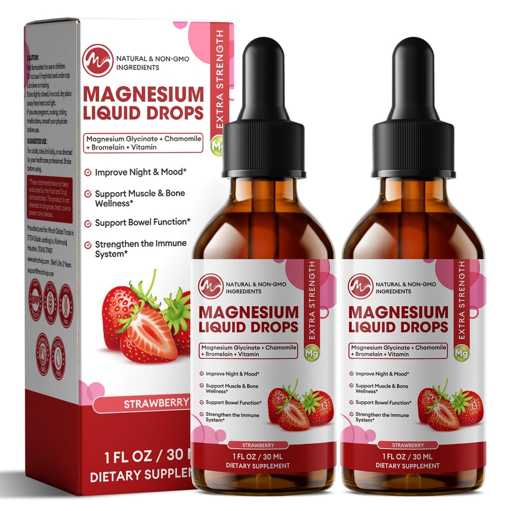 M inch Magnesium Glycinate Liquid, High Absorption Magnesium Liquid Drops with Chamomile, Hawthorn, Ginger Extract & Vitamin B6, B9, B12, C, D3, Magnesium Supplement, Strawberry Flavor, 2 Pack