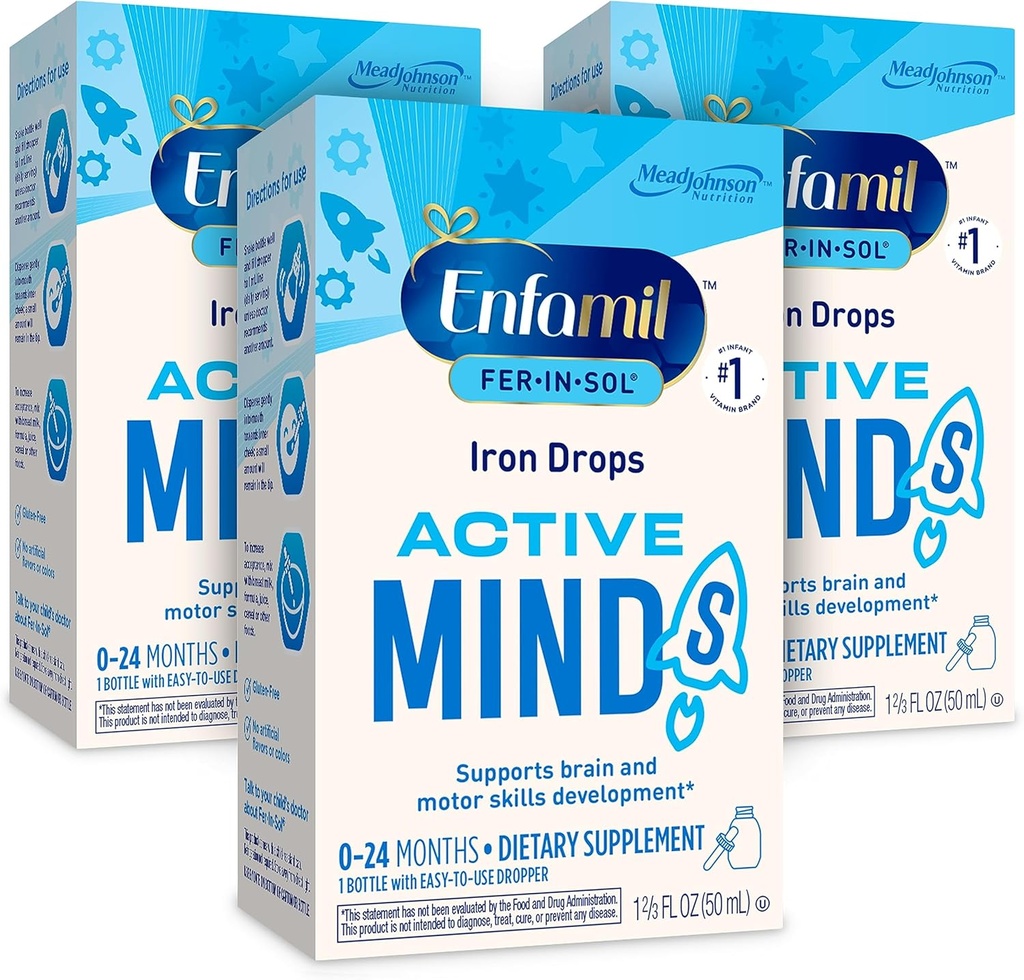 Enfamil Fer-In-Sol suppléments de fer gouttes pour les nourrissons et les tout-petits, soutient le développement du cerveau, 50 ml bouteille goutteuse, boîte de 3