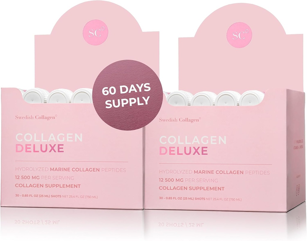 Collagen Deluxe 30 Schüsse x 2 I 8 Wochen Bundle I 12500 mg Marine Collagen (Typ I & III) I Hyaluronsäure, Biotin, Vitamin C I Sugar-Free - 8 Wochen Versorgung