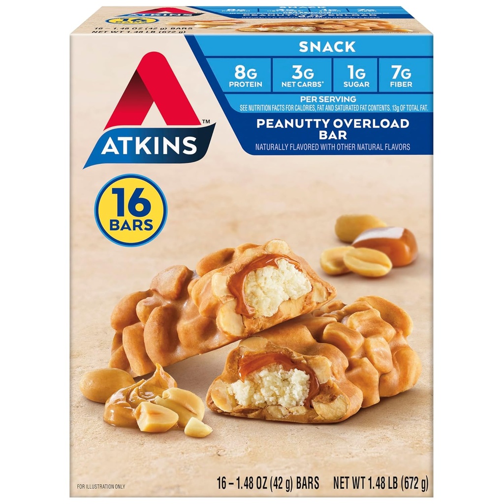 Atkins Snack Bar, Peanutty Overload, 8g Protéines, 7g Fibre, 3g Net Carbs, Keto Friendly, 16 Compte