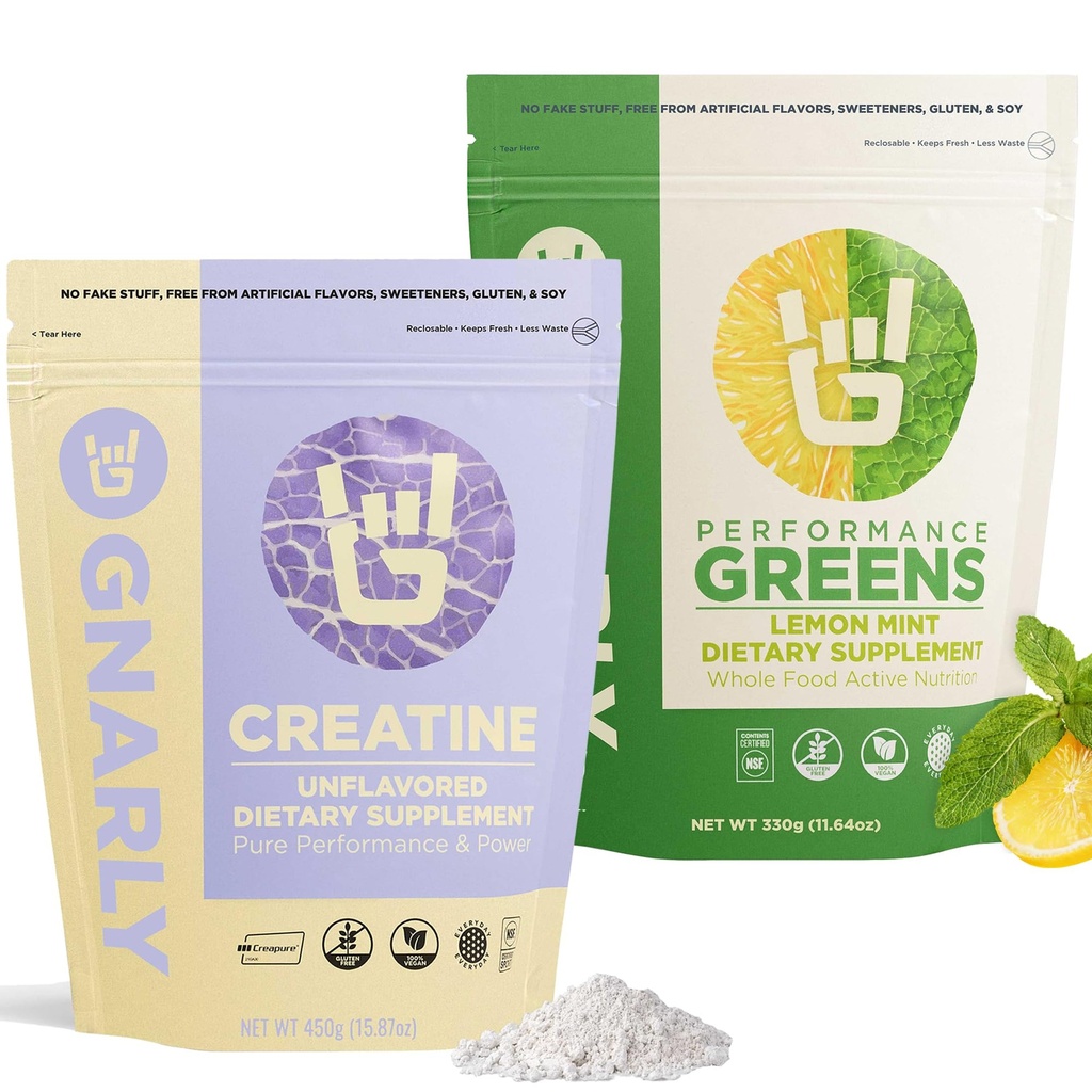 Gnarly Nutrition Creatine Powder, Unflavored (16.05oz) und Gnarly Performance Greens Lemon Mint (11.64 oz)
