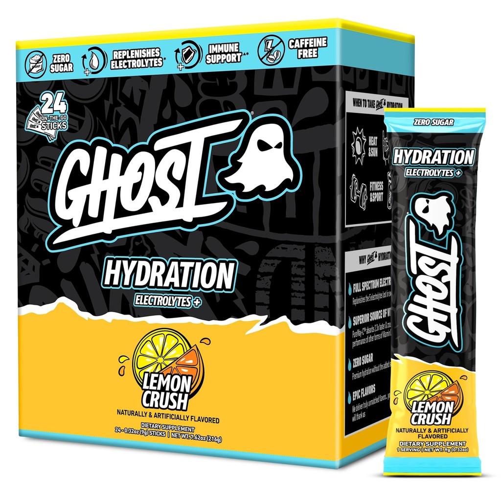 GHOST Hydration Packets, Zitrone Crush, 24 Sticks, Elektrolyt-Pulver - Getränke-Mix-Ergänzung mit Magnesium, Kalium, Calcium, Vitamin C - Vegan freundlich, frei von Soja, Zucker & Gluten