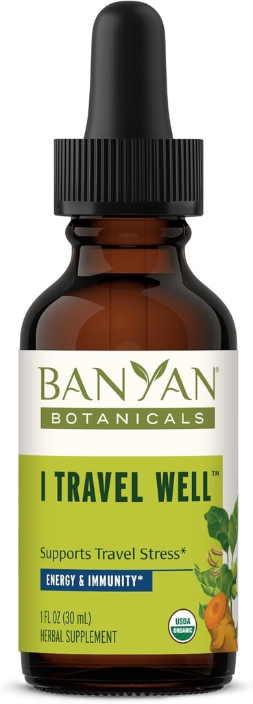 Banyan Botanicals I Travel Well Liquid Extract – Organic Fast-Acting Immune Unterstützung für Reisen – mit Ashwagandha und Ginger – 1 fl. oz. – Non GMO Sustainable Sourced Vegan