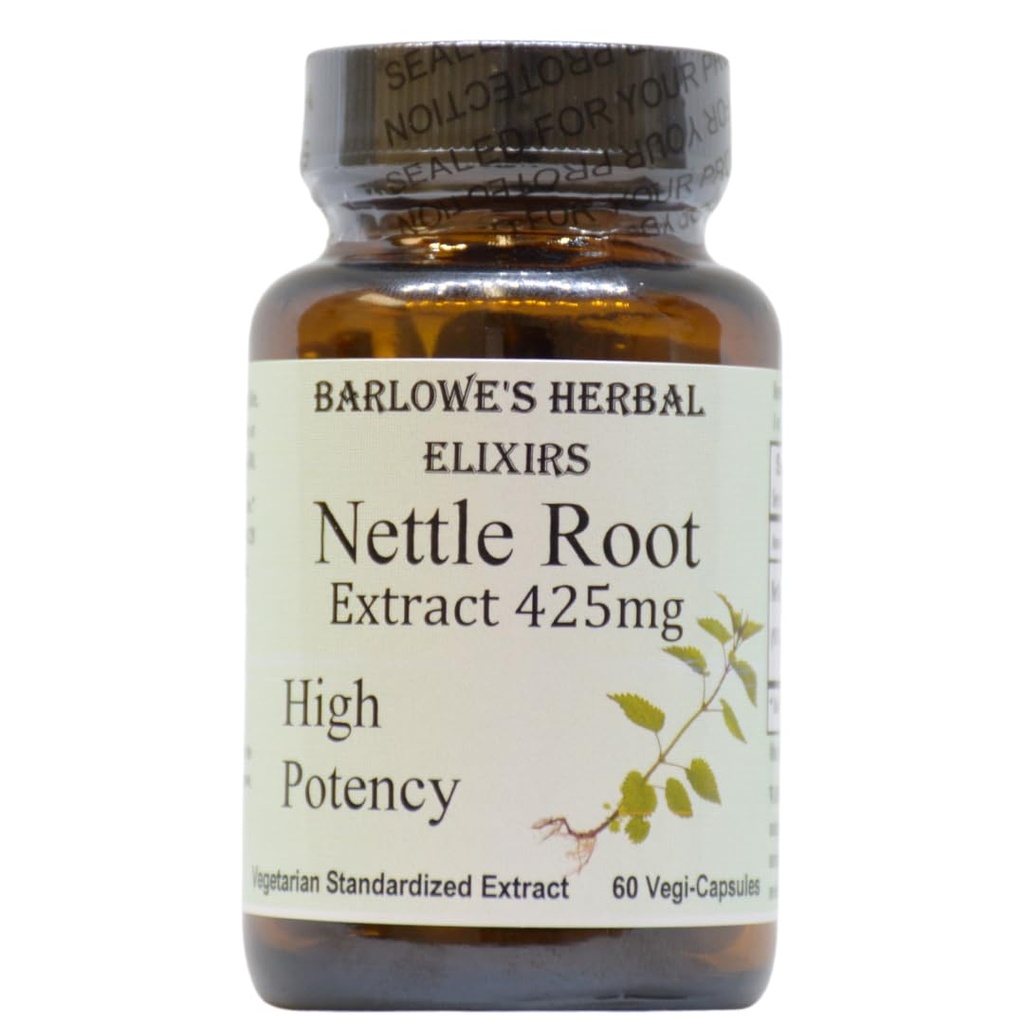 Barlowe's Herbal Elixiers Nettle Root Extract | Urtica Dioica mit 95% 3,4-Divanillyltetrahydrofuran | 425mg pro Kapsel | 60 Vegan Kapseln | Stearate-Free | Glasflaschen