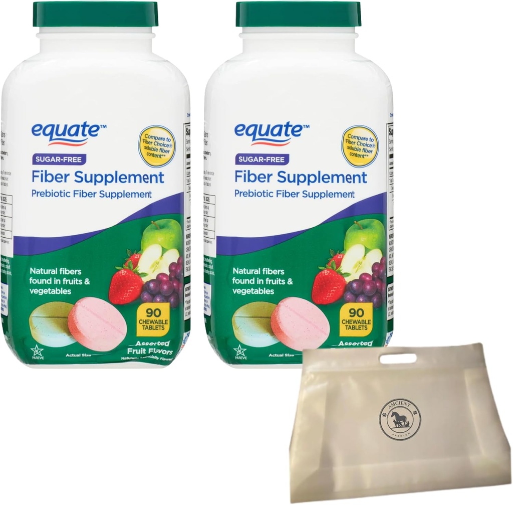 Equate Daily Fiber Sugar Free Prebiotic 90 Chewable Tablets (2 pacchetti) Bundle con sacchetto alimentare riutilizzabile