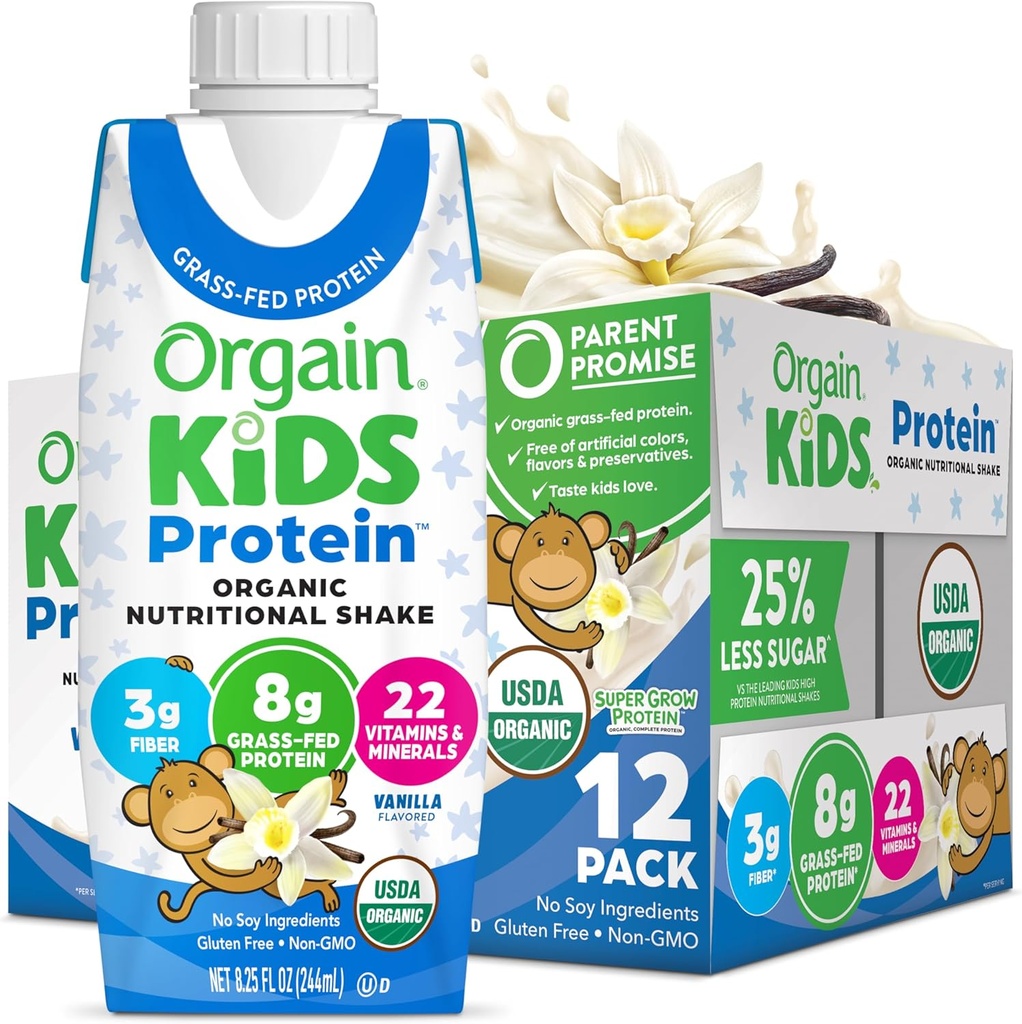 Orgain Organic Kids Nutritional Protein Shake, Vanilla, Healthy Kids Snacks, 8g Dairy Protein, 3g Fiber, 22 Vitamine & Minerali, Nessun Soia ingredienti, Gluten Free, Non OGM, 8.25 Fl Oz (Pack of 12)