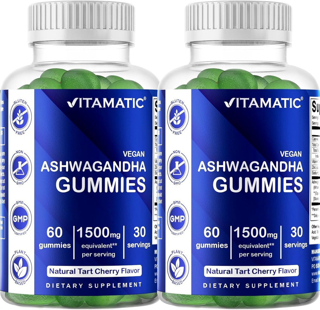 Vitamatic 2 Pack Ashwagandha Gummies 1500 mg Équivalent par portion (à partir de 30:1 Extrait 50 mg) - 60 Gommies végétaliens - 3% Witanolides