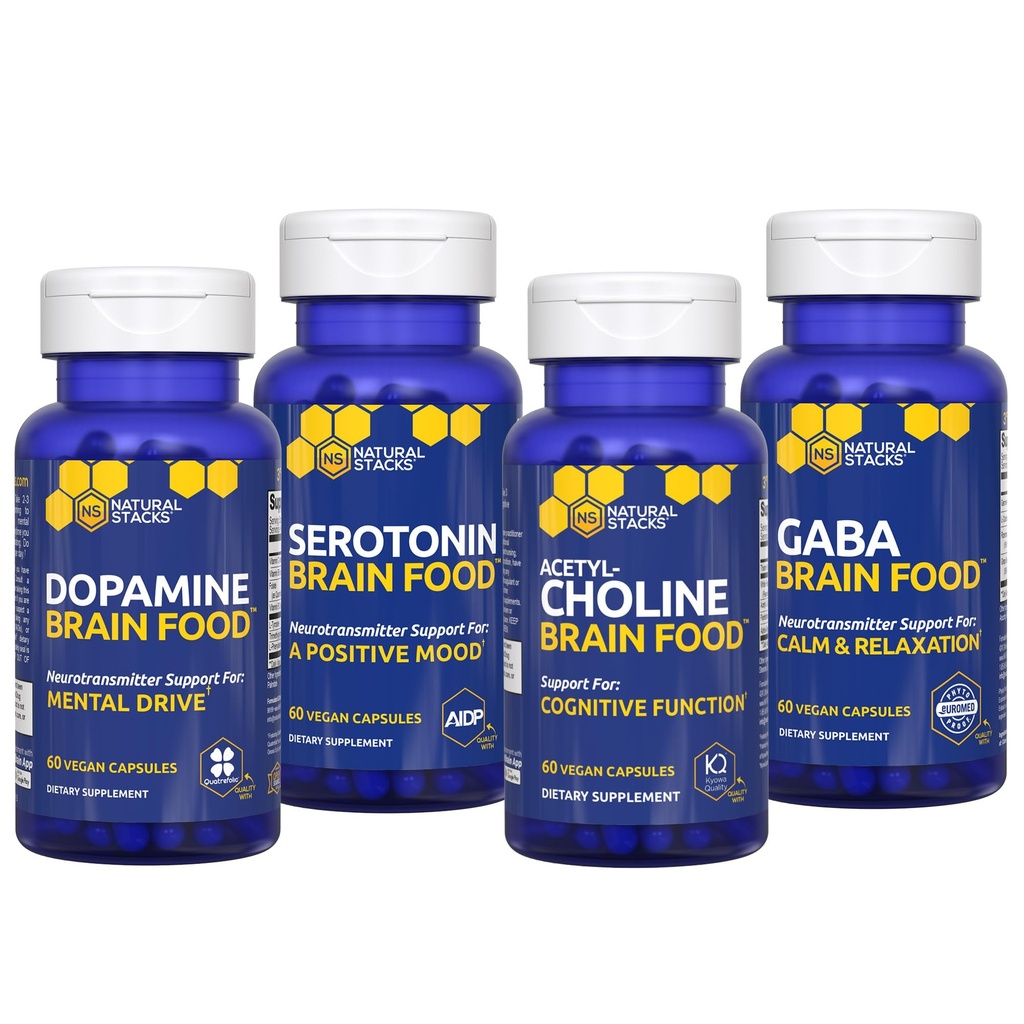 NATURAL STACKS Brain Food Bundle - für Motivation, kognitive Funktion, positive Stimmung und Entspannung* - Brain Supplements für Erwachsene - 240 Gesamtkapseln