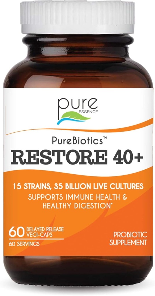 PURE ESSENCE LABS PureBiotics Restore 40+ Integratore Probiotico - Supporta Immune & Digestive Health - Dairy & Gluten Free - 15 Strains (35 miliardi di CTU) Adulti Probiotici Naturali (60 Caps)