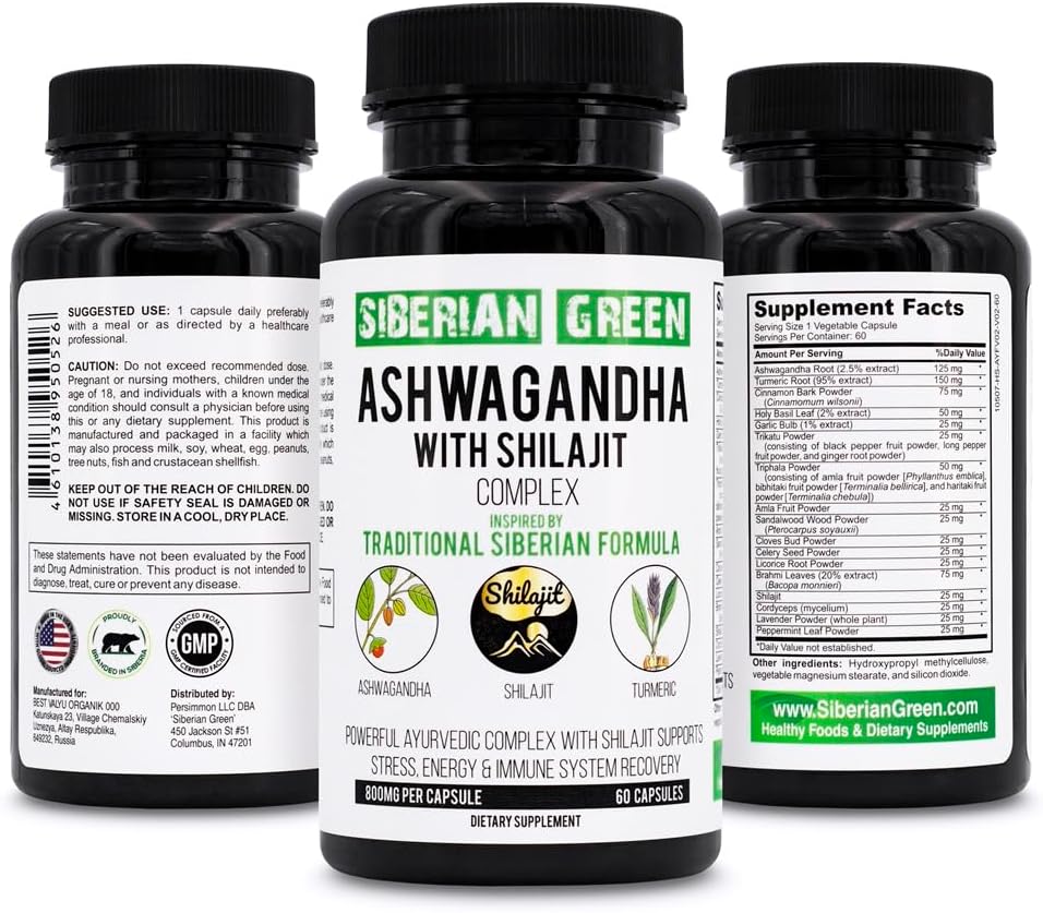 Siberian Green Ashwagandha con Altai Shilajit & Turmeric Ayurvedic Complex 60 capsule – Tradizionale Siberiano Formula Stress Relief, Mood, Energy Support, Immune System Recovery