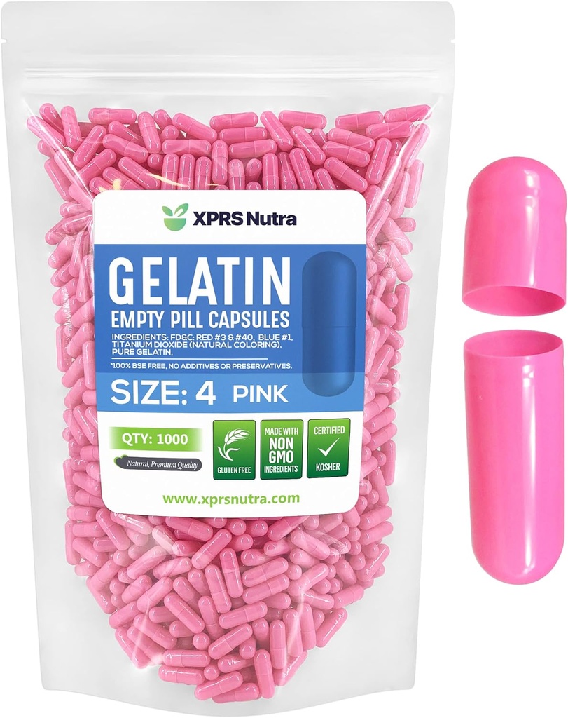 XPRS Nutra Size 4 Capsule Vuoti - 1000 Contare Piccole Capsule Gelatina Vuote - Pillole Riempimento Capsule fai-da-te - Fillable Pure Bovine Pill Gel Caps per Do-It-Yourself Supplements (Pink)