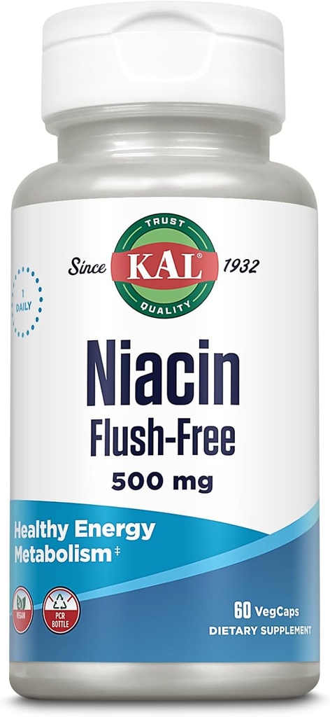 KAL Niacin 500mg Flush Free - Vitamin B3 Supplement - Stoffwechsel und Energieunterstützung - Haut, Nerve, Verdauungshilfe - Vegan Vitamin, 60-Tage Garantie, 60 Servietten, 60 VegCaps