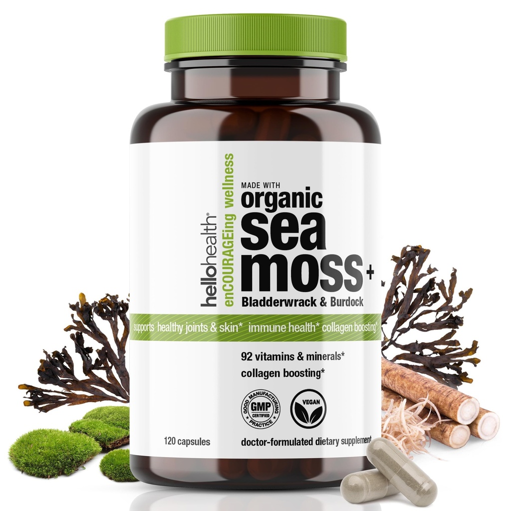 Estratto di Moss del mare irlandese organico: Moss del mare selvatico, radice di Burdock & Bladderwrack Prebiotic Super Food per il supporto immunitario, supporto tiroide, energia naturale, -120 Caps
