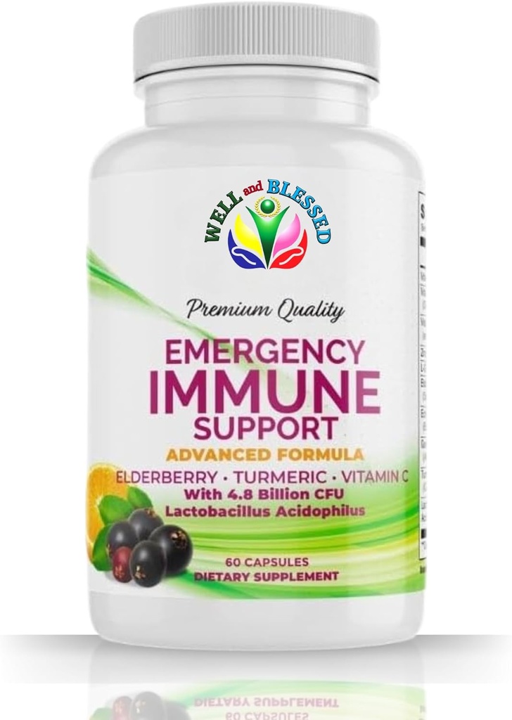 Support immunitaire d'urgence - 60 capsules - Elderberry, curcuma, vitamine C - Capsules de formule avancées avec additifs artificiels - Vegan Friendly