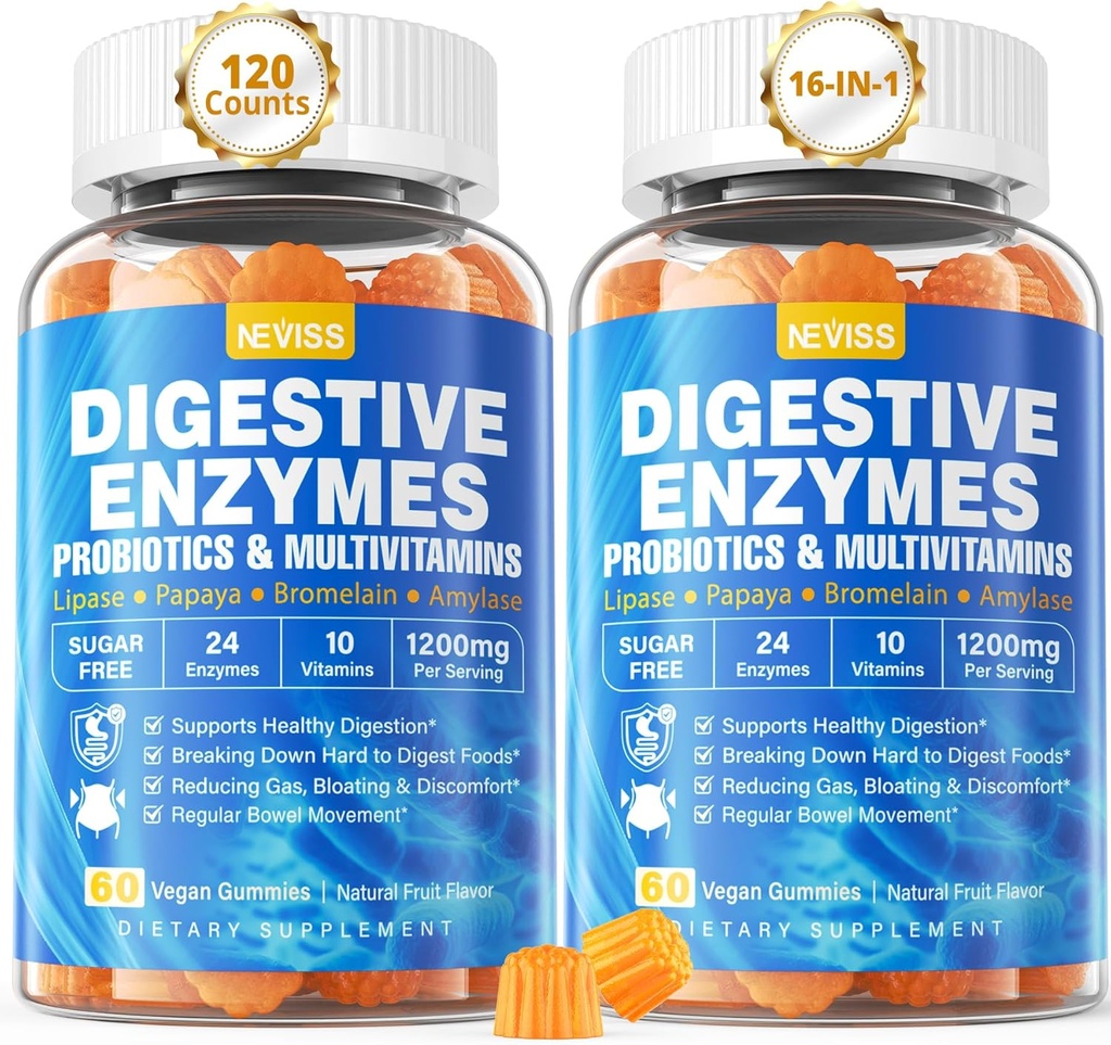 Enzimi digestivi con Probiotici Gummies, Multivitaminici, Calcio, Magnesio - Tutti 24 Essential Chewable Multi Enzimi - Papaya, Lipasi, Amylase, Bromelain - Breaking Down Carbs, Proteine, Grassi, 2Packs