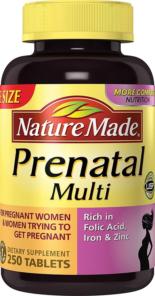 Nature faite multinatale, 250 comprimés, acide folique + 17 vitamines et minéraux prénatals pour soutenir le développement de bébé et maman, vitamine D3, calcium, fer, iode, vitamine C, et plus