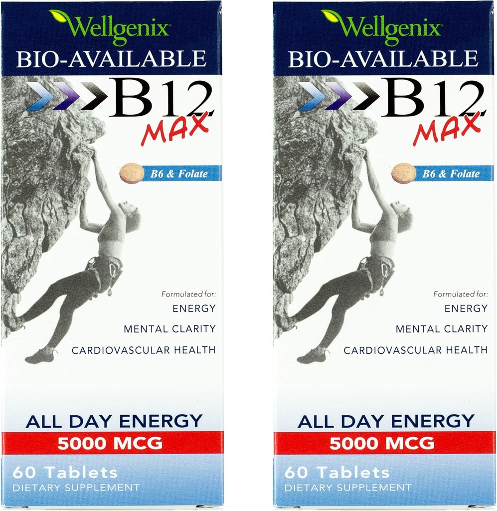 Wellgenix Bio-disponible Sublingual B12 Max - Formulé pour une absorption élevée - Multivitamine nutritionnelle B12, B6, Folate - Dissolve rapide (60 Ct) 2 Pack