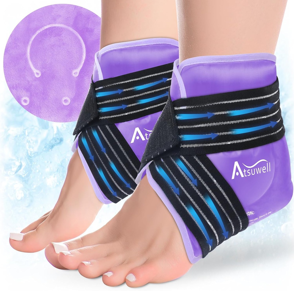 Atsuwell Ankle Ice Pack Wrap 2 Packs, Ankle Ice Wraps Flessibile Gel Cold Pack per tallone a pedale, Cold Compress Therapy for Soothing Discomfort, Viola