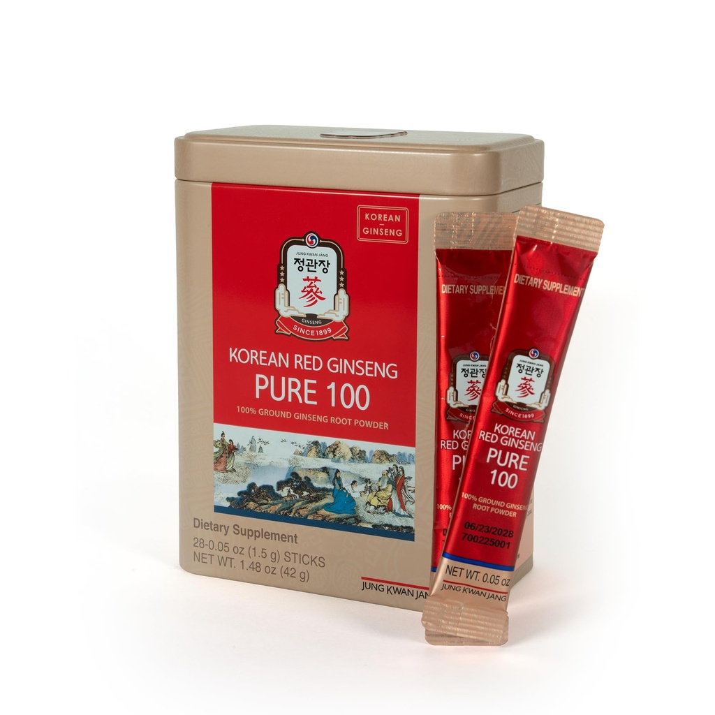 JungKwanJang Coréen Ginseng Rouge Pure 100 - Panax Ginseng Powder Stick Suppléments - Energy Boost & Immune Support - Vegan, sans caféine, sans gluten et sans OGM (Net Wt. 1,48 oz, 30 bâtons)