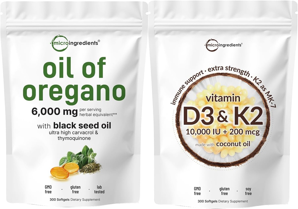 Micro Ingrédients Huile d'Origan Softgels 6 000mg Par portion et vitamine D3 10 000iu + K2 200mcg Huile de coco Softgels Bundle 2 Pack