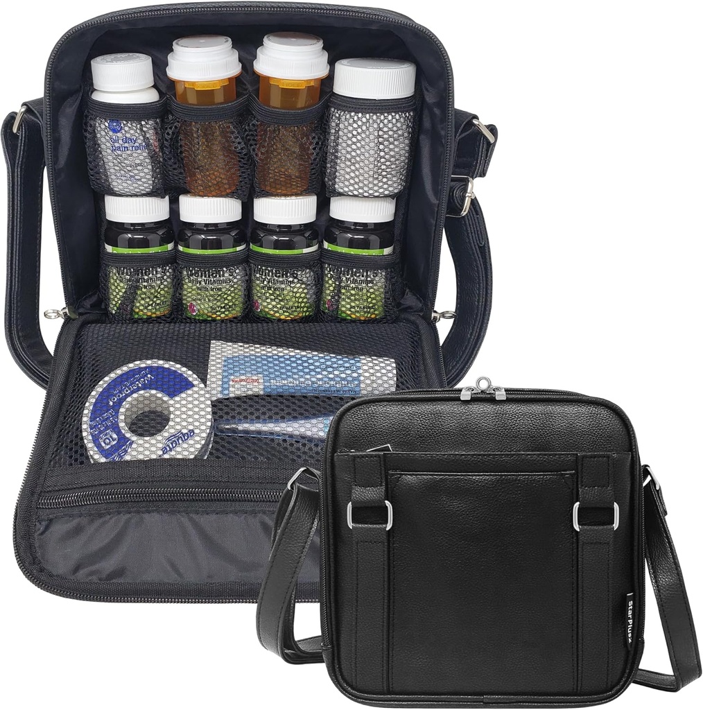 Moyenne 2-en-1 Organisateur de bouteille de pilule, Purse en cuir PU pour les femmes, Sac de médecine, Cas, Transporteur pour les médicaments, Organisateur de médecine de voyage, Sac Med - Noir (Sans serrure)