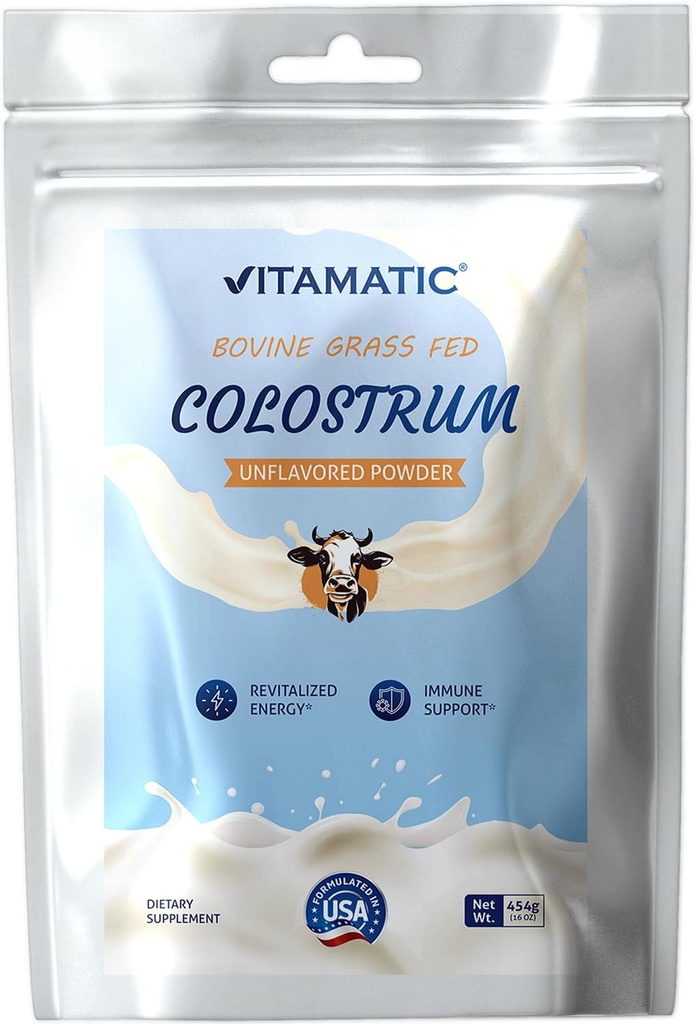 Vitamatic Bovine Colostrum 30% IgG Polvere 16 OZ (454 Gram) - Supplemento per la salute del fegato, la crescita dei capelli, la bellezza, il recupero del muscolo, e il supporto immunitario - Facile da mescolare - (Unflavored)