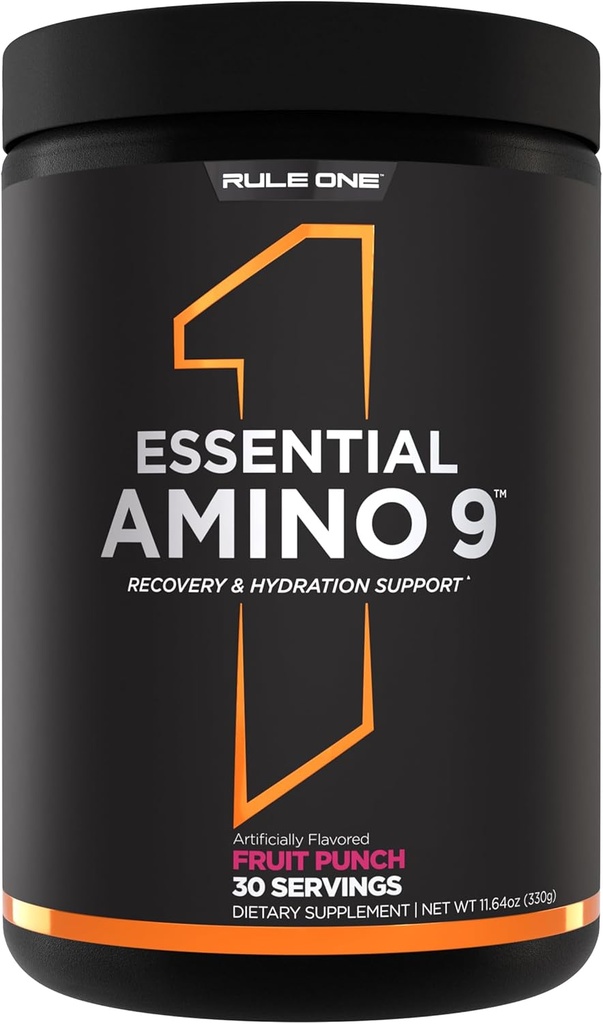 Rule 1 Essential Amino 9 – Recovery & Hydration Support with 7.5g of Essential Amino Acids + Electrolytes (30 Servings, Fruit Punch)
