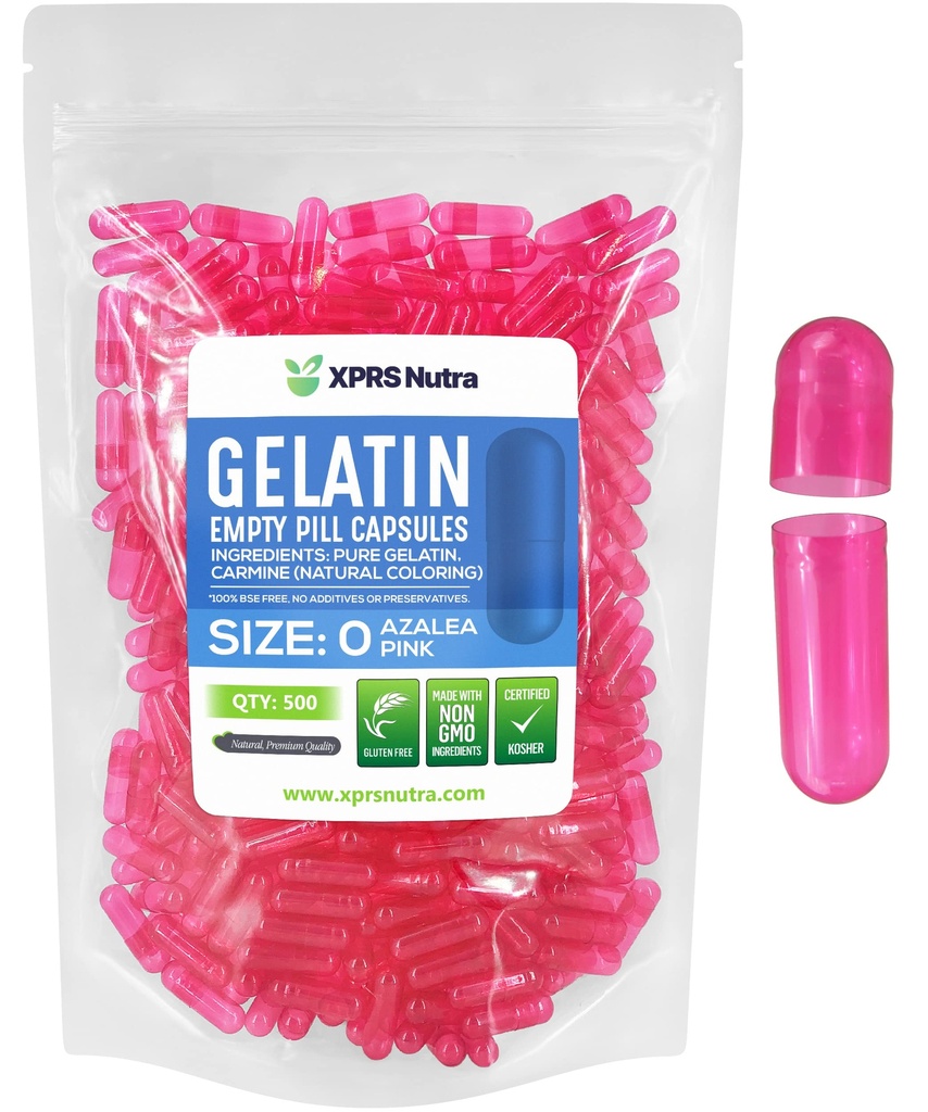 XPRS Nutra Size 0 Empty Capsules - 500 Count Empty Gelatin Capsules - Pills DIY Capsule Filling - Pure Bovine Pill Gel Caps for Do-It-Yourself Supplements (Azalea Pink)