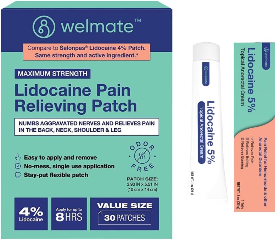 WELMATE Ultimate Pain Relief Duo: 4% lidocaina Numbing Patch (30 Ct) & 5% lidocaina Crema (1 Oz)