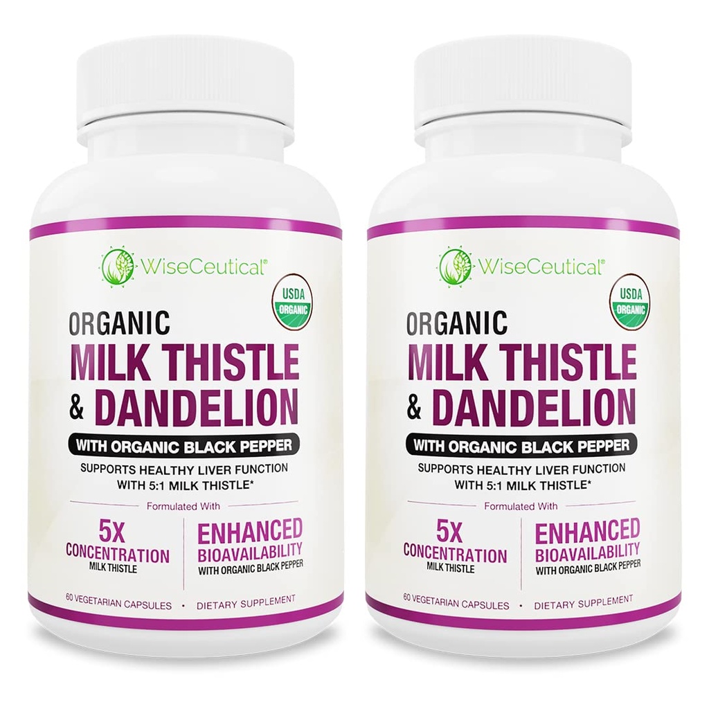 Max Absorption USDA Potentiel de chardon de lait biologique 5:1 Extrait concentré (2000mg de force) et racine de dandelion biologique , Silymarin Antioxydant Flavonoïde , Supplément de soutien du foie (60 comte (paquet de 2))