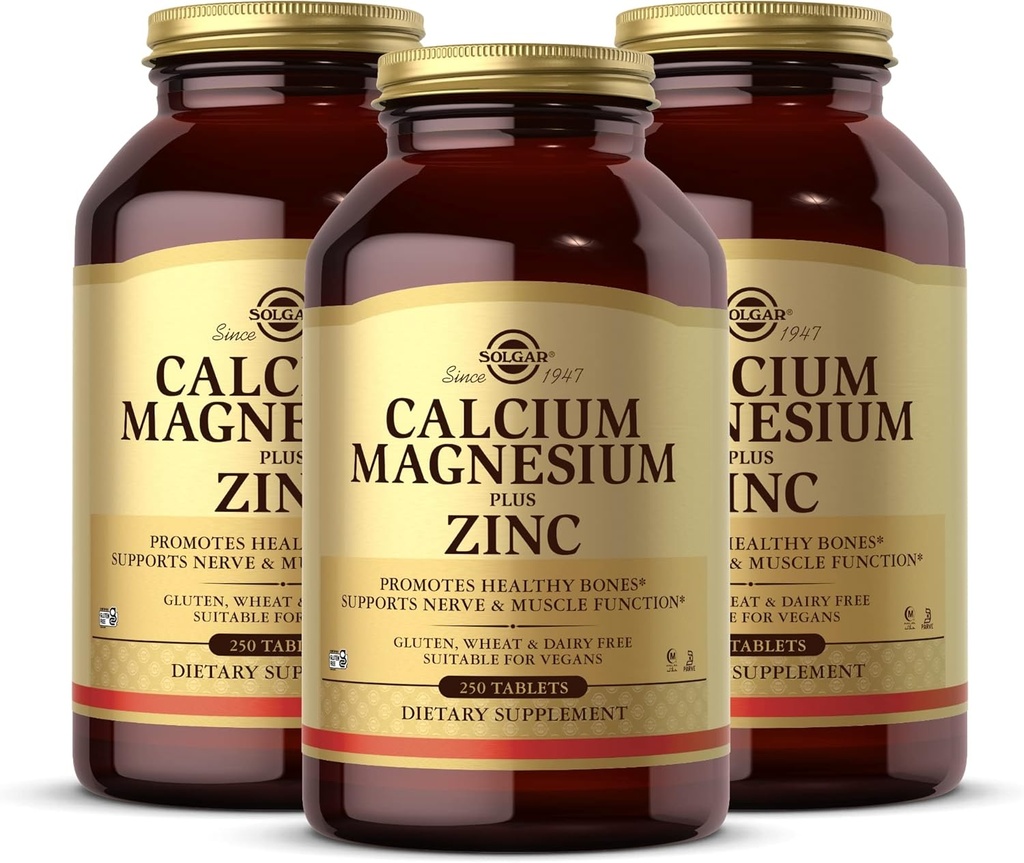 Solgar Calcium Magnesium Plus Zinc - 250 compresse, Confezione da 3 - Promuove le ossa sane, Supporta la Nerve & la funzione muscolare - Non-GMO, Vegan, Gluten Free - 250 Serve totali